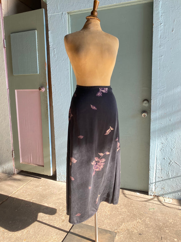 Y2K Limited black silk maxi skirt with violet foliage print