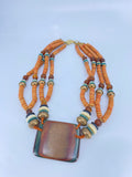 80-90's Brown, Coral and Turquoise layered beaded necklace with large wooden square pendant