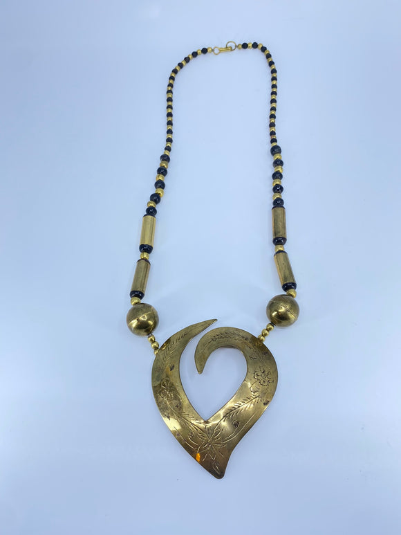 80-90's Big bronze heart necklace with bronze and black beads.