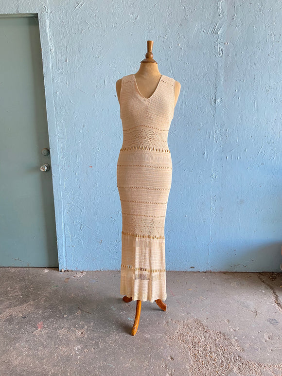 90's-Y2K Ivory crochet beaded maxi dress