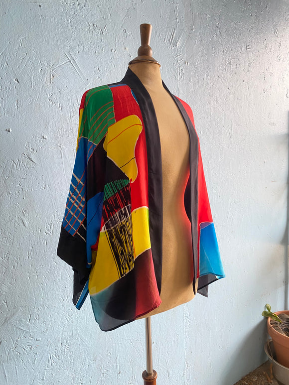 Abstract primary color cropped kimono duster