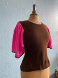 70's Brown sweater knit top with hot pink flutter sleeves
