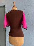 70's Brown sweater knit top with hot pink flutter sleeves