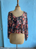 90's Black cropped sheer ruffled floral top