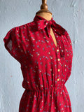 70's Burgundy sheer floral polyester dress with bow tie