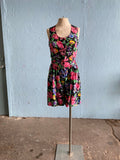 80-90's Black romper with hot pink tropical floral print
