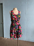 80-90's Black romper with hot pink tropical floral print
