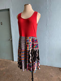 90's Carole Little Red jersey rayon dress with multi color block skirt