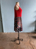 90's Carole Little Red jersey rayon dress with multi color block skirt