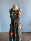 70's Dark green maxi dress with orange, blue and brown florals