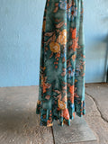 70's Dark green maxi dress with orange, blue and brown florals