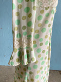 60-70's White long sleeve mini mod dress with shades of green polka dot print