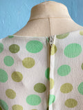 60-70's White long sleeve mini mod dress with shades of green polka dot print
