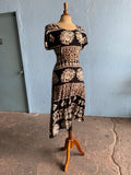 90's Black & Ivory Boho batik block printed dress with back corset lacing