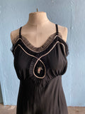 50-60's Black slip dress with silver and pink trim and embellishments
