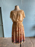 70's Plus size tan off the shoulder polyester dress with a wild flower print
