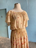 70's Plus size tan off the shoulder polyester dress with a wild flower print