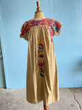 Tan mexican embroidered floral house dress