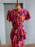 90's silk pink tropical floral peplum waist dress