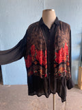 80-90's Black long sleeve plus size shirt in a romantic floral laced print attached vest top