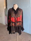 80-90's Black long sleeve plus size shirt in a romantic floral laced print attached vest top