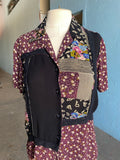90's Black & Burgundy color block patchwork short sleeve petite shirt in a dainty floral print