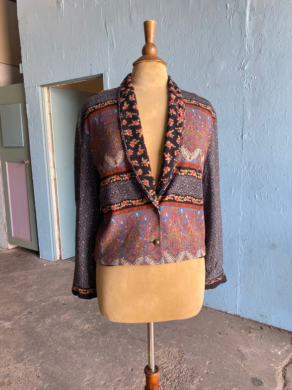 90's cropped jacket in a blocked patchwork Moroccan floral print.