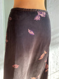 Y2K Limited black silk maxi skirt with violet foliage print