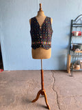 Guatemalan multi color embroidered black cotton vest top with quetzal coin buttons