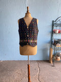 Guatemalan multi color embroidered black cotton vest top with quetzal coin buttons
