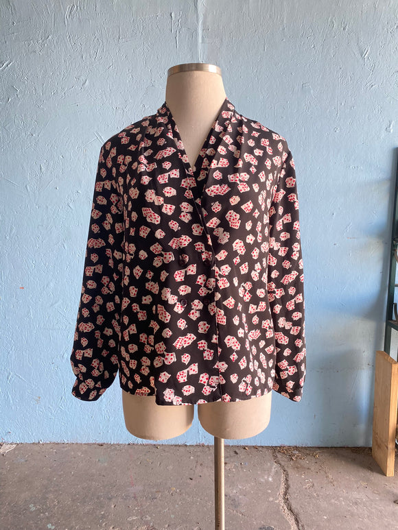 90's black long sleeve shirt with a all over dice print