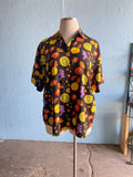 90's Black button down shirt with an all over tropical fruit print