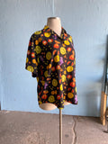 90's Black button down shirt with an all over tropical fruit print