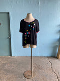 90's-Y2K Black plus size knit top with a colorful scattered dot print