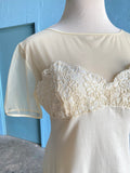 70-80's plus size Ivory leotard with embroidered sweetheart mesh neckline