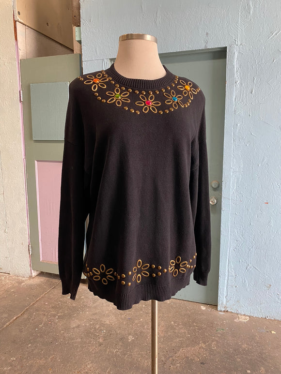 80-90's black bedazzled daisy tunic sweater
