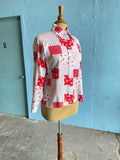 70's red, white & violet patchwork block print long sleeve shirt