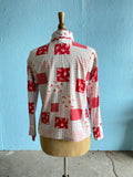 70's red, white & violet patchwork block print long sleeve shirt