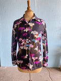70's Black polyester long sleeve in a purple, turquoise floral print
