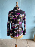 70's Black polyester long sleeve in a purple, turquoise floral print