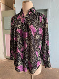 80-90's gauzy black long sleeve shirt with a polka dot and purple floral print