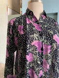 80-90's gauzy black long sleeve shirt with a polka dot and purple floral print