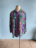 80-90's Abstract striped plus size purple & green long sleeve shirt