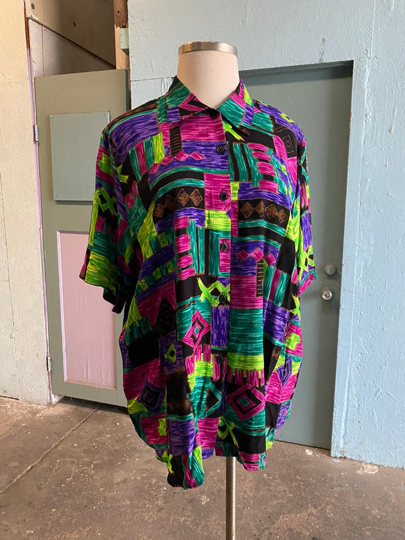 90's Purple, Lime green and black abstract button down plus size shirt