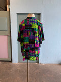90's Purple, Lime green and black abstract button down plus size shirt