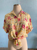 90's Canary yellow plus size short sleeve shirt in a pink floral print