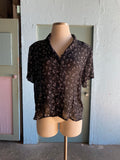 90's Sheer black button down shirt with a white curly scribble print