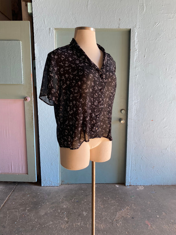 90's Sheer black button down shirt with a white curly scribble print