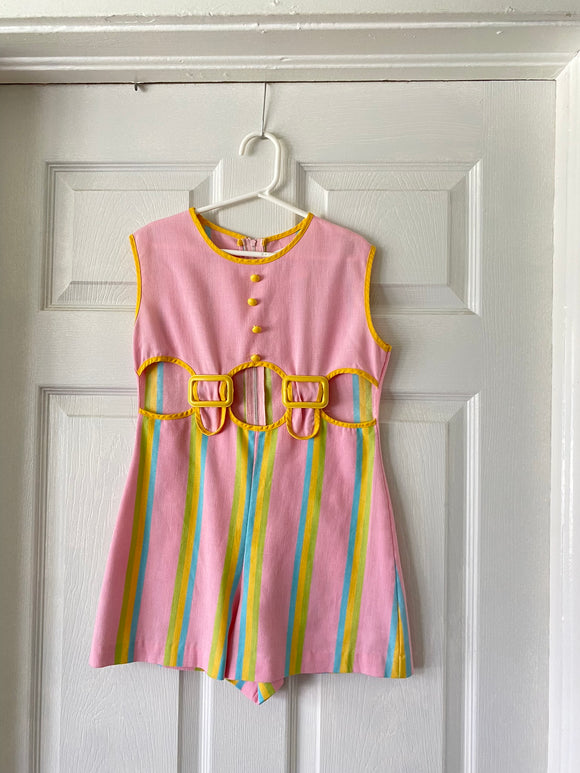 60-70's Pastel candy striped romper with midriff cut outs. Kid size