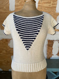 80-90's white knit top with navy stripes
